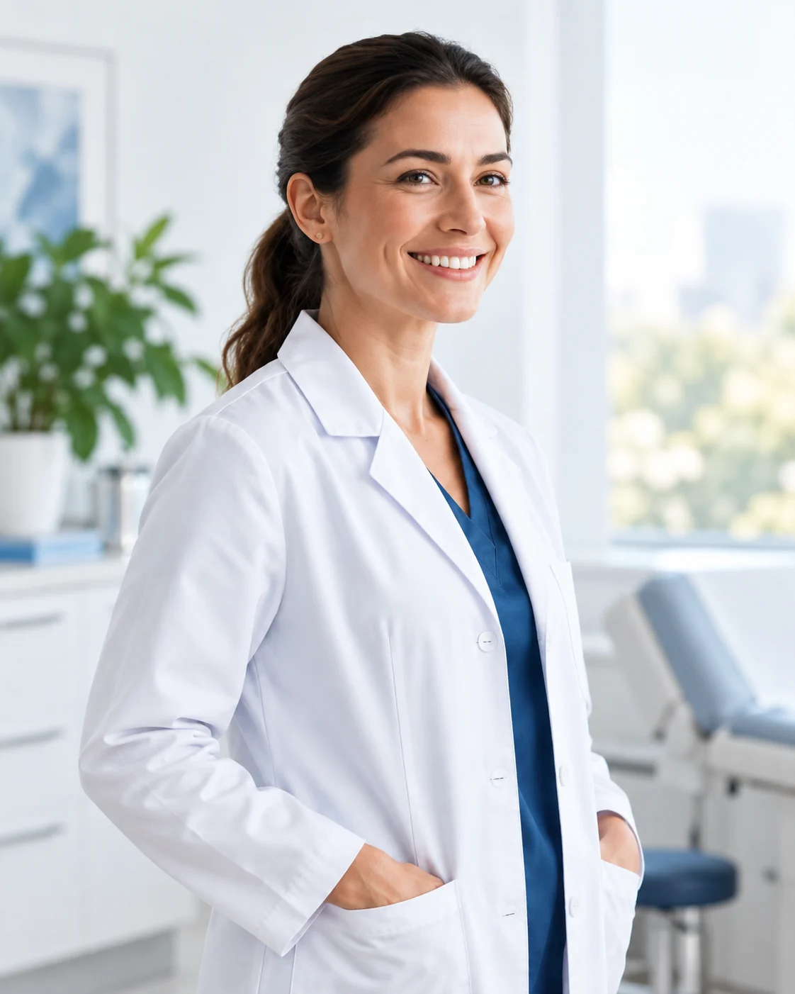 Profissional de saúde sorrindo em consultório, representando a credibilidade transmitida por um site profissional