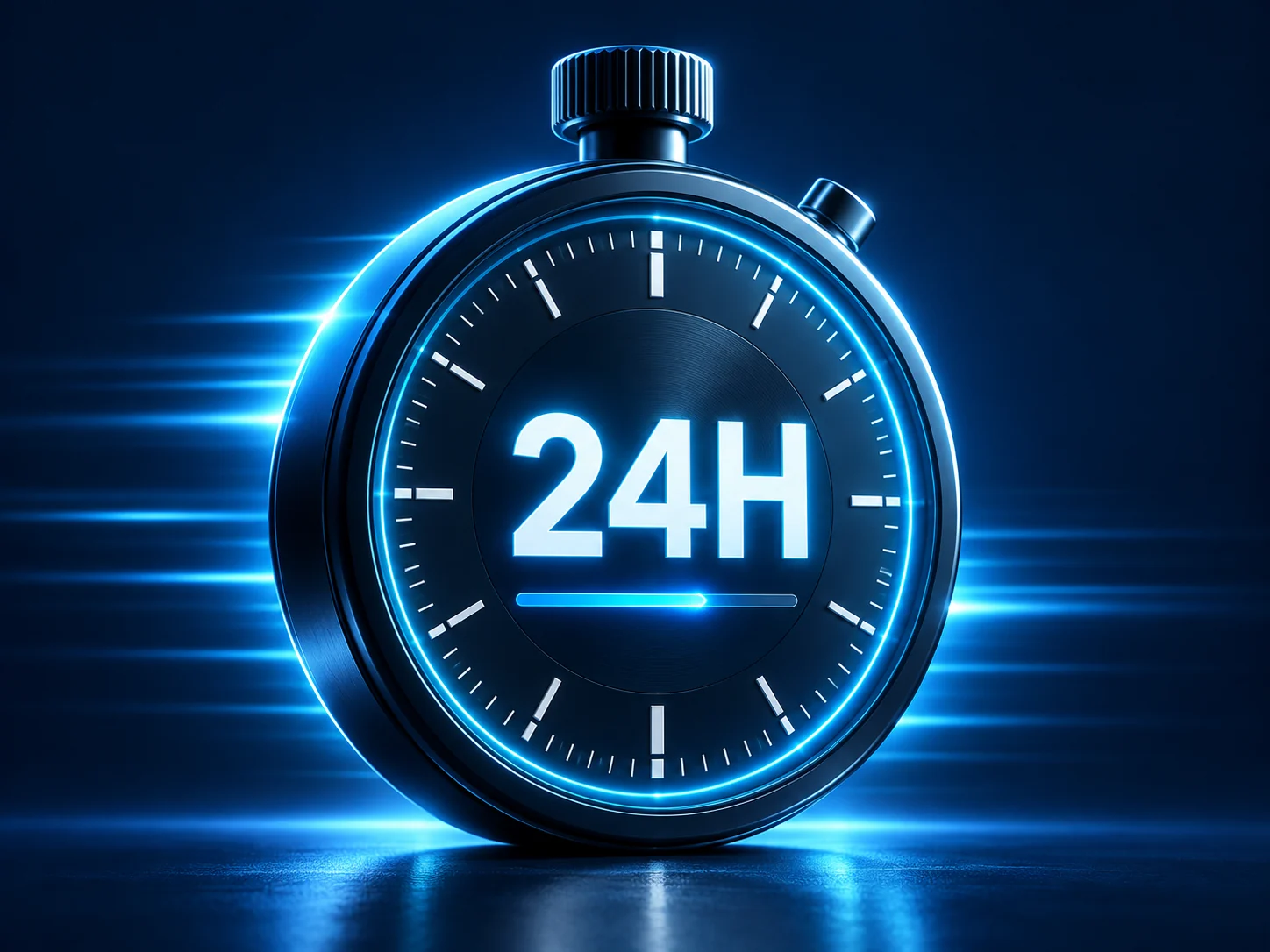 Cronômetro azul marcando 24H, representando o prazo de entrega do website