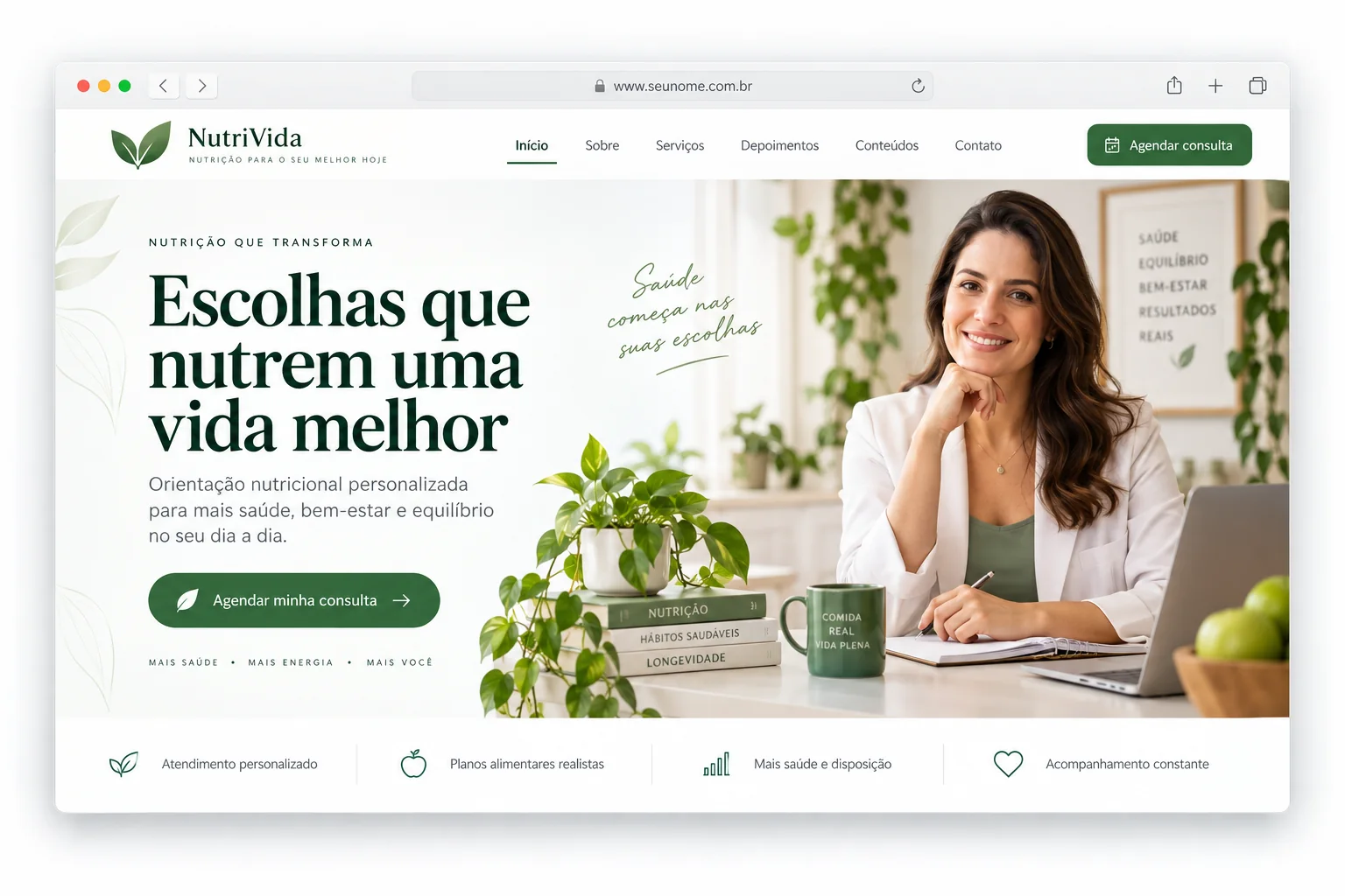 Exemplo de website profissional para nutrição