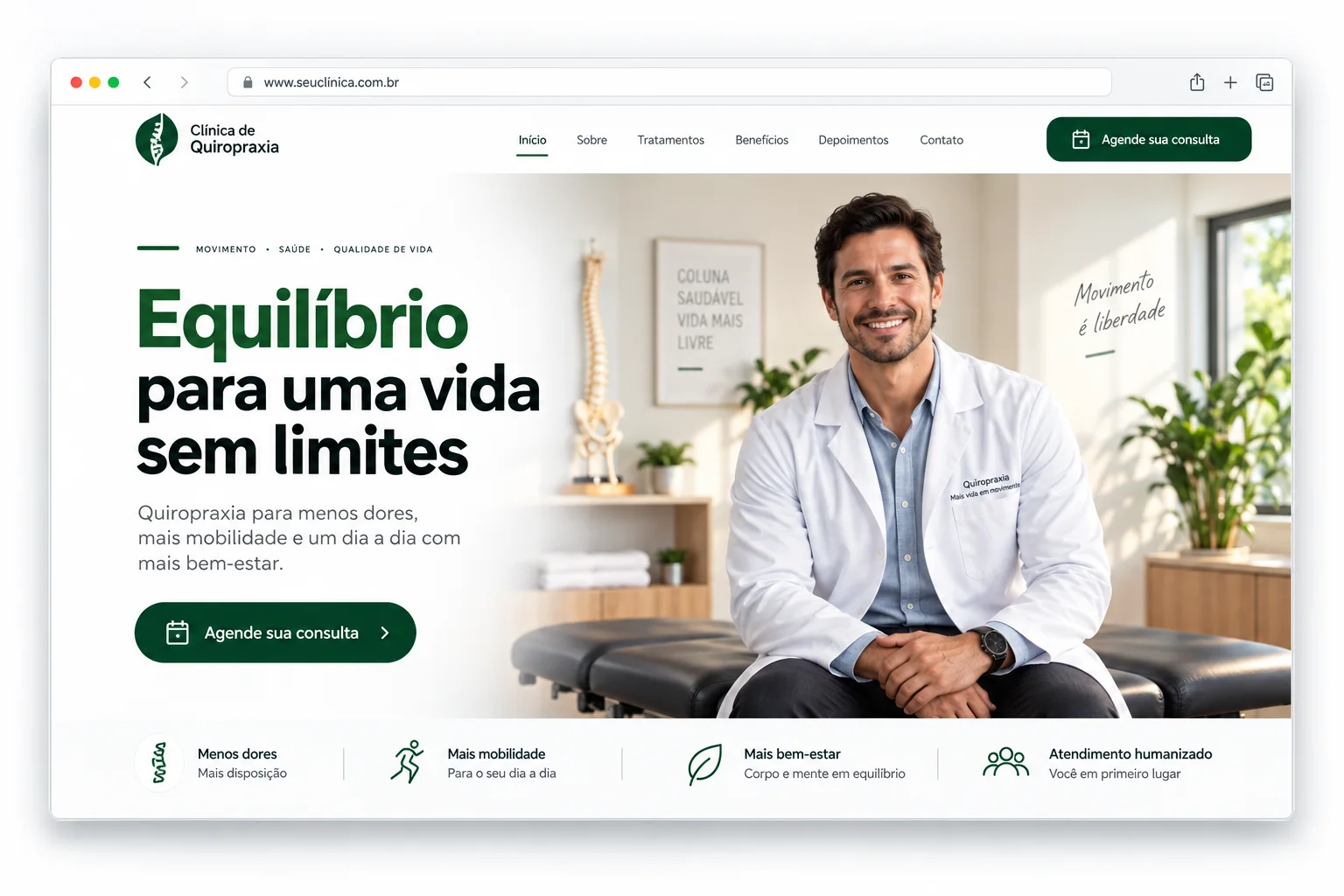 Exemplo de website profissional para quiropraxia